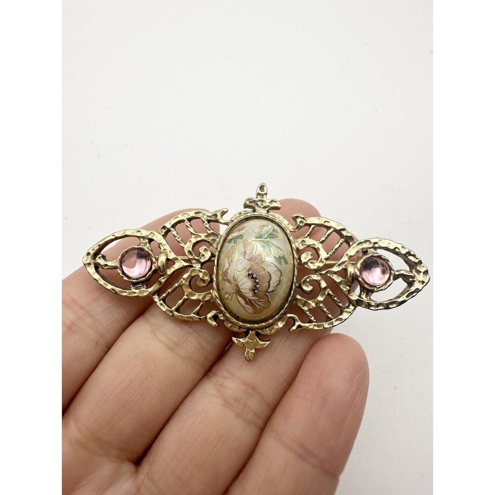 Vintage 1928 Pink Rhinestone Faux Pearl Filigree Brooch Pin